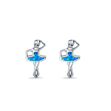 Ballet Dancer Stud Earrings Lab Created Blue Opal 925 Sterling Silver (11mm)